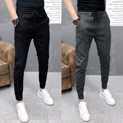 Men’s Korean Style Solid Color Jogging Pant Man Slim Fit Drawstring Casual Ankle Pants