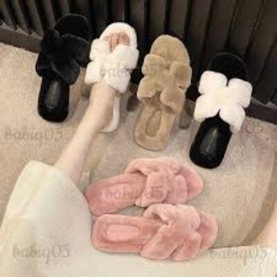 Woman Slip on Flat Slides Women Cozy Home Furry Slippers